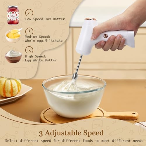 Cordless Hand Mixer, Handheld Electric Whisk with 3 Speed Modes, Hand Held Egg Beater with 2 Detachable Stir Whisks (White) - Image 4