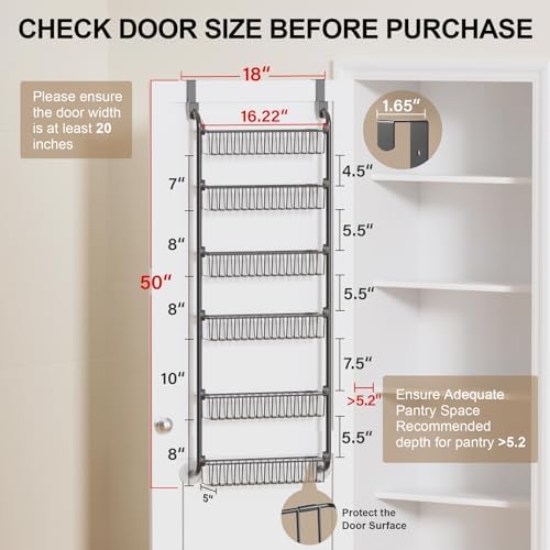 Over the Door Pantry Organizer, 6-Tier Metal Pantry Door Organization and Storage, Hanging Kitchen Basket Spice Rack Seasoning Shelves, Cabinet Door Organizer for Easy Install,D5xW18xH50inch