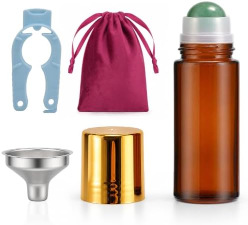 Roller Ball Applicator,Rose Quartz Roller Bottle,50ml Refillable Amber Glass Roll On Bottles with Natural Crystal Roller Balls,Leak-Proof Travel Perfume Bottle with Gold Caps (Green) by Unknown