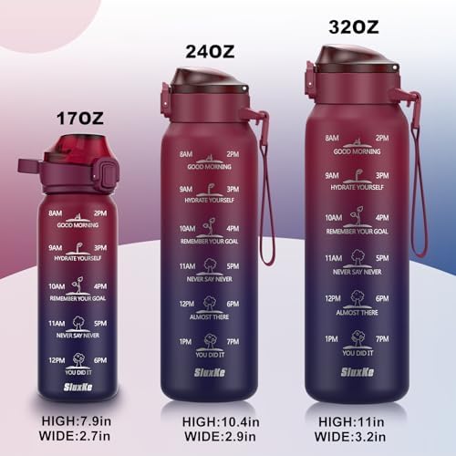 Insulated Water Bottle 32oz with 2Lids(Straw Lid & Spout Lid), 1L Double Walled Water Bottle with Time Marker, 1000ml Stainless Steel Metal Flask for Fitness, Gym and Outdoor RED BLACK