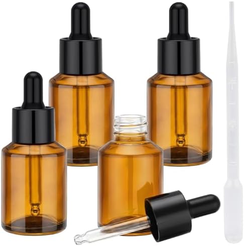 Segbeauty 1oz Amber Glass Dropper Bottles for Travel Toiletries, 4pcs Small Refillable Perfume Oil Bottles with Dropper, 30ml Travel Eye Droppers, Cosmetic Liquids Serum Container with Transfer Tool by Segbeauty