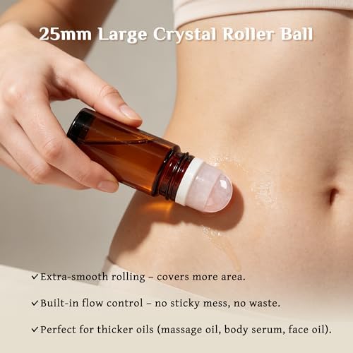 PrettyCare Rose Quartz Roller Bottle for Castor Oil – 50ml Refillable Amber Glass Roll On Bottle with Natural Rose Quartz Roller Ball, Leak-Proof Roller Ball Applicator for Essential Oils, Perfume - Image 4