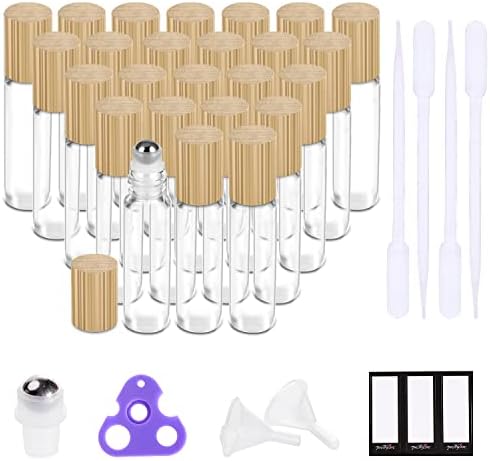 PrettyCare Essential Oil Roller Bottles 10ml (24 Pack Clear Glass Bottle with Bamboo Lid, 4 Extra Roller Balls，48 Labels, 2 Openers, 2 Funnels, 4 Droppers, Roller Balls For Essential Oils by PrettyCare