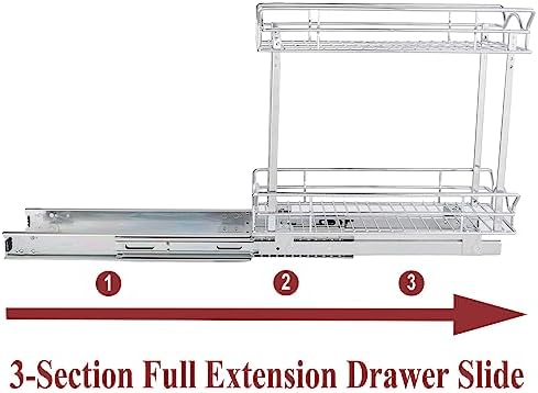Slide Out Cabinet Organizer for Narrow Cabinet (5" W X 17" D), 2 Tier Pull Out Shelves Slim Sliding Cabinet Organizer and Storage, Chrome