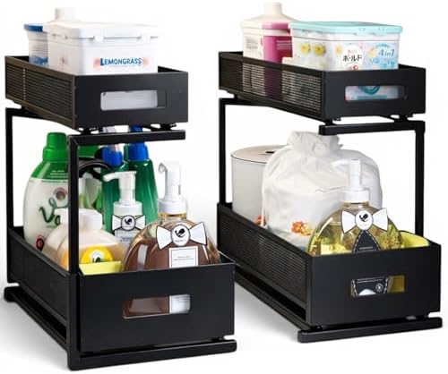 Under Sink Organizer Set of 2, Heavy Duty Matte Black Metal Cabinet Organizer with Retractable Shelves, Adjustable Height, Expandable Storage for Kitchen Bathroom and Laundry Room
