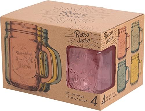 Mason Jar Drinking Glasses Set Of 4, 15 oz. Colored Mugs With Embossed Ice-Cold Drinkware Logo, Glass Mason Jar Mug With Handle. For Smoothies, Cocktails, Beverages. Hand Wash