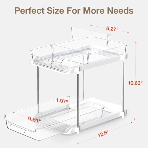 2-Tier Multi-Purpose Bathroom Under Sink Organizers and Storage, Stackable Kitchen Pantry Organization, Pull Out Medicine Cabinet Organizer with Movable Dividers, White, 1 Pack