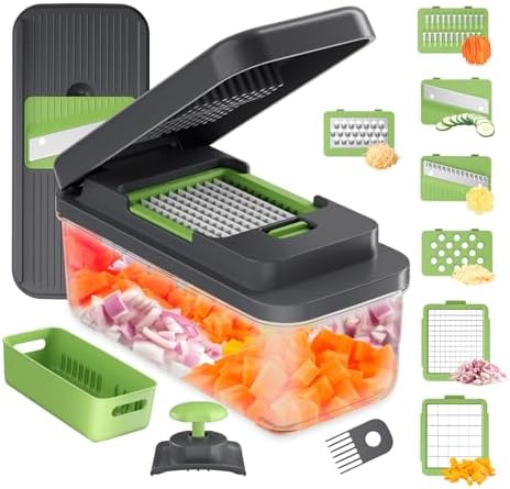Veggie Chopper, 7 Blades Vegetable Chopper with Container, Onion Potato Food Fruit Slicer and Cutter, Stainless Steel, Dishwasher Safe,Mandoline Slicer & Kitchen Gadgets
