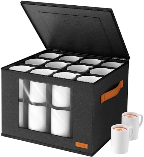 Cup and Mug Storage Box with 24 Dividers, Dark Gray, 2-Layer