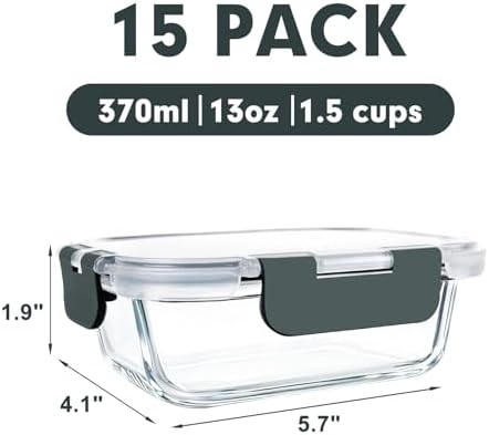 15 Pack,13 oz 1.5 Cup Glass Meal Prep Containers with Lids