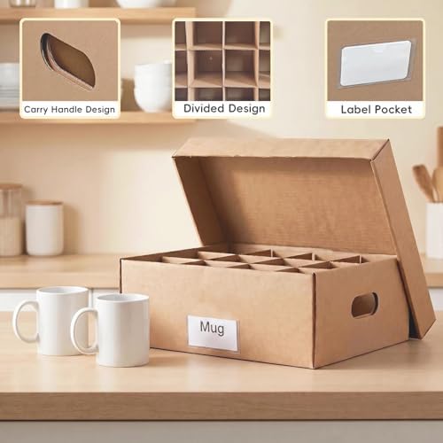 2 Pack Mug Moving Boxes, Cup Packing Boxes with Dividers, Handles & Lids