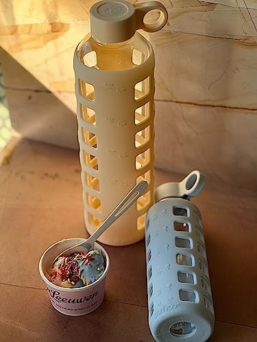 40oz / 32oz / 22oz / 12oz Borosilicate Glass Water Bottle with Time & Volume Markers, Silicone Sleeve, Stainless Steel Lid | Reusable Glass Bottle for Water & Juice