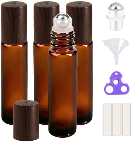 PrettyCare 4 Pack, 10 ml Essential Oil Roller Bottles with Stainless Steel Roller Ball - Refillable Leak-proof Empty Thick Amber Glass Roll on Bottles with Wooden Caps for Travel, Perfume by PrettyCare