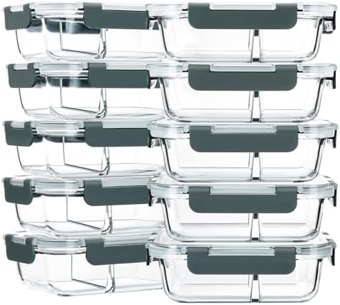 10 Pack,30 oz, 2 Compartments Glass Meal Prep Containers with Lids
