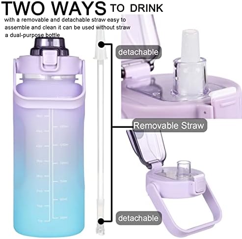 Large Half Gallon 64 OZ Motivational Water Bottle with Straw Time Marker BPA Free for Sport and Fitness Purple Green