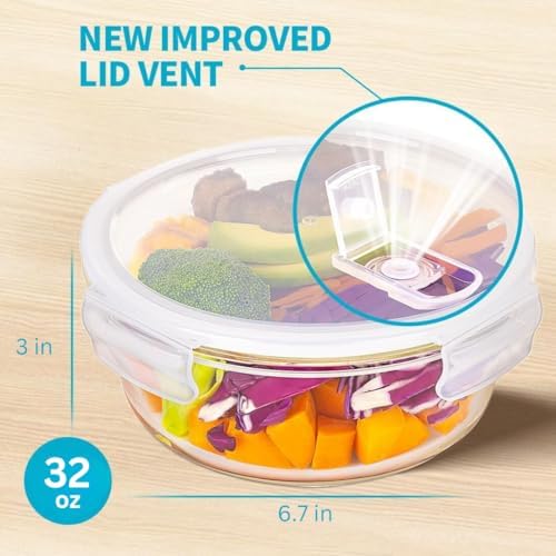 Round Glass Containers with Air Vent Lids (5 Pack) – 32oz