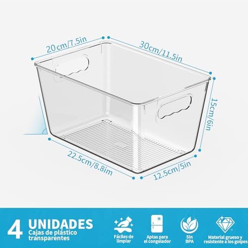 Clear Fridge Organizer Bins with Handles, 4 Pack Large 11.5×7.5×6 Inch