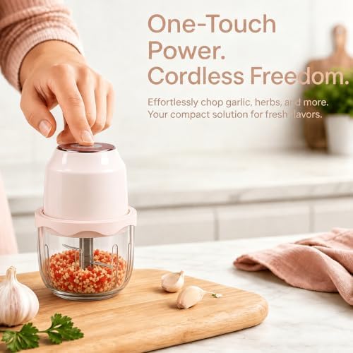 350ML Electric Garlic Meat Grinder, Wireless USB Rechargeable Food Chopper, 6-Blade High-Speed Chopper, Mini Convenient Kitchen Mixer for Garlic and Meat (Pink) - Image 3