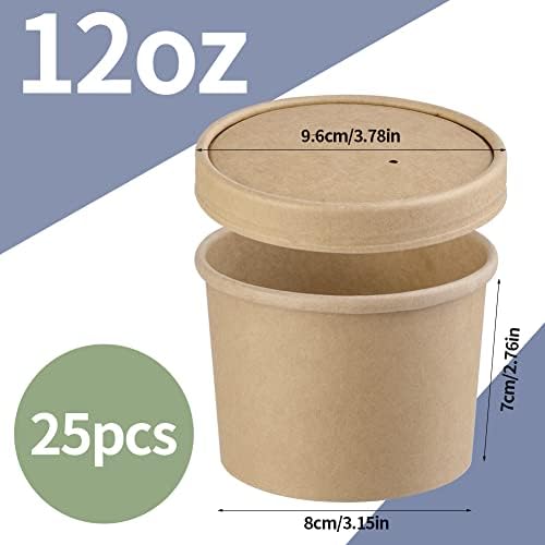 Wuadua 12 oz Disposable Kraft Paper Soup Containers with Lids- 25 Pack - Image 2