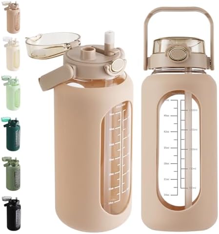 64 oz Glass Water Bottle with 2-in-1 Straw Lid Large Half Gallon Water Bottle with Time Marker & Removable Silicone Sleeve,Wide Mouth BPA-Free Borosilicate Bottle for Gym, Workout & Daily Use