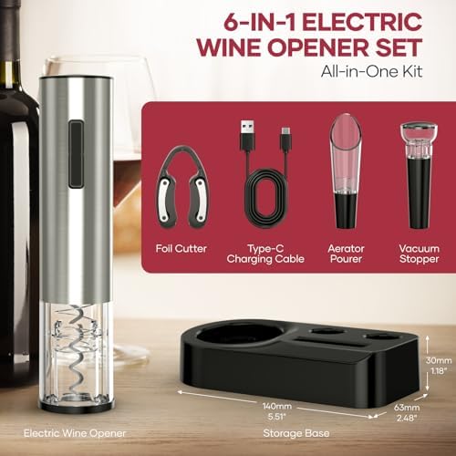 Electric Wine Opener,Rechargeable Automatic Wine Opener Corkscrew Opener Set With Wine Stopper, Foil Cutter, Wine Aerator,Storage Base & USB-C Cable Gifts for Wine Lovers
