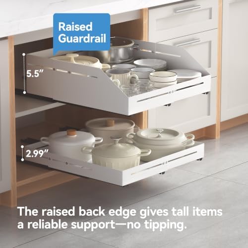 Pull Out Cabinet Organizer 15.8"-23"D&12.5"-21"W Raised Walls White