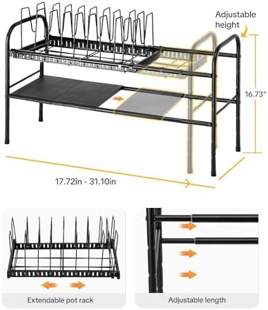 Pots and Pans Organizer Under Cabinet, 2-Tier Expandable Pot Rack