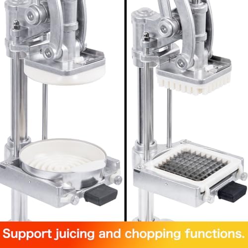 Multifunctional 4in1 Manual Vegetable slicer Citrus Squeezer Juicer Machine AIO Stainless Steel French Fry Cutter Potato Slicer (Sliver, Squeezer & 1/2 3/8 1/4 Blade)