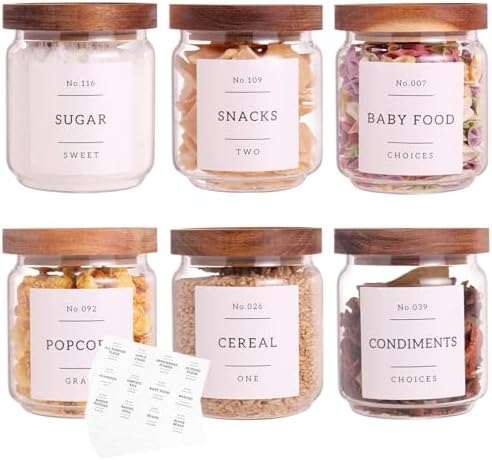 6 Set Glass Pantry Storage Jars with Acacia Airtight Lid - 15oz Thicken Glass Kitchen Canisters with 132 Pantry Labels - Clear Glass Food Storage Containers with Wood Lid for Tea,Sugar,Spice,herbs