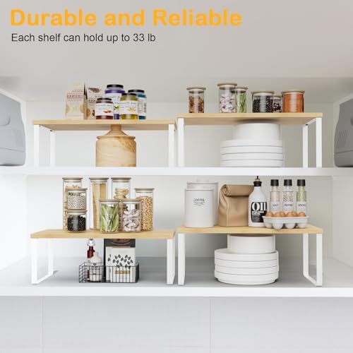 Cabinet Shelf Organizers, 15.7 inches Large Kitchen Counter Shelf, Set of 4 Wood Kitchen Pantry Organizer, Storage Shelves for Countertop, Spice Rack, Stackable, Expandable, Metal White, Nature