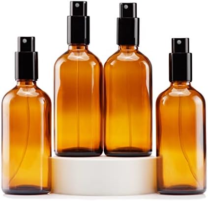 YIZHAO Amber Glass Spray Bottles 4oz, with Small Fine Mist Spray, Metal Cap, Refillable for Essential Oil,Travel,Cleaning,Perfume,Aromatherapy,Makeup – 4 Pcs by YizhaoGlassSprayandDropperBottles