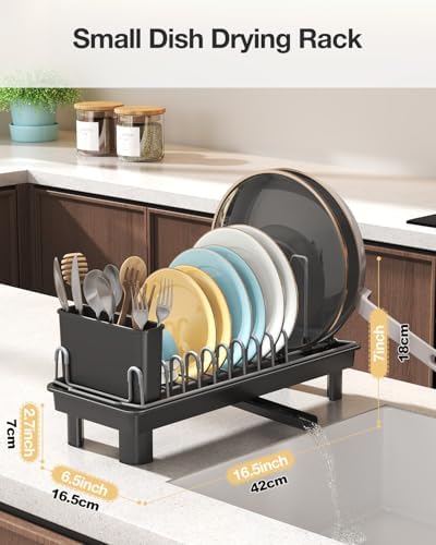 Small Dish Drying Rack with Drainboard, Compact for Kitchen Counter, Black