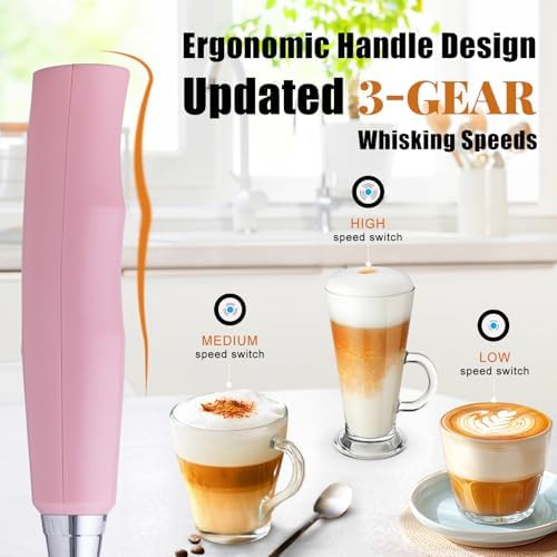Pink Milk Frother Wand for Coffee, Frother Handheld Rechargeable Electric Whisk with 3 Heads 3 Speeds Drink Mixer Coffee Frother Foam Maker For Latte, Cappuccino, Hot Chocolate, Egg