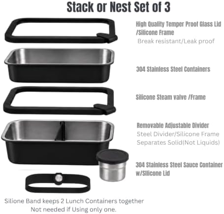 Stainless Steel Bento Box Adult, 40 OZ & 27 OZ Lunch Box Containers with Tempered Glass Lids, Meal Prep - Black