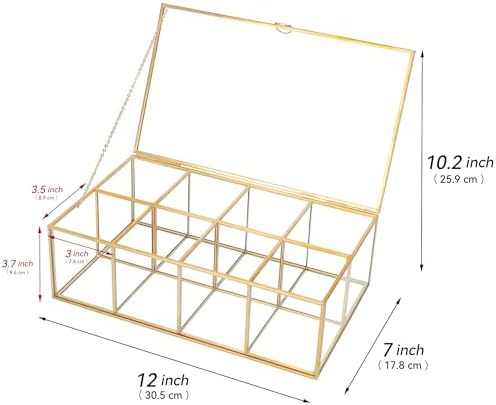 Glass Tea Bag Organizer, 8-Compartment Tea Storage Box, Gold