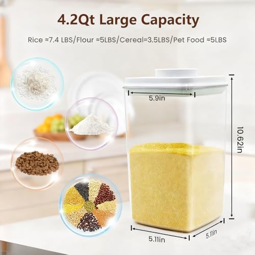 Pop Airtight Food Storage Container with Lid, 4L/4.2qt Large Cereal Flour Sugar Storage Container with Scoop, One Button Opening, BPA-Free, Kitchen Pantry Organization and Storage