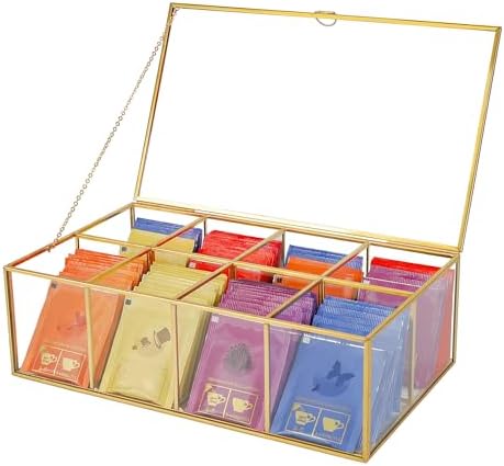 Glass Tea Bag Organizer, 8-Compartment Tea Storage Box, Gold