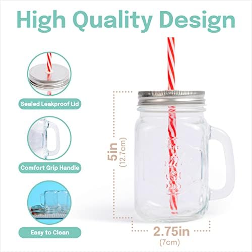 Glass Mason Jars with Handles, Lid and Straw 16 oz | Drinking Glasses Cups Mug Set for Iced Coffee, Tea & Smoothie - Set of 6