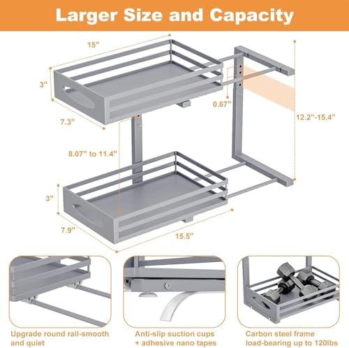 Under Sink Organizer, 2 Tier Under Sink Organizers and Storage, Adjustable Height, Slide out Metal Cabinet Organizers, Pull out Cabinet Storage Drawer Shelf for Kitchen Bathroom (Gray, 2 Pack)