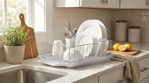 Classic Large Rust Resistant Full Dishrack with Removable 3 Compartment Flatware Caddy, Andlged Drain Board, 3-Piece, White
