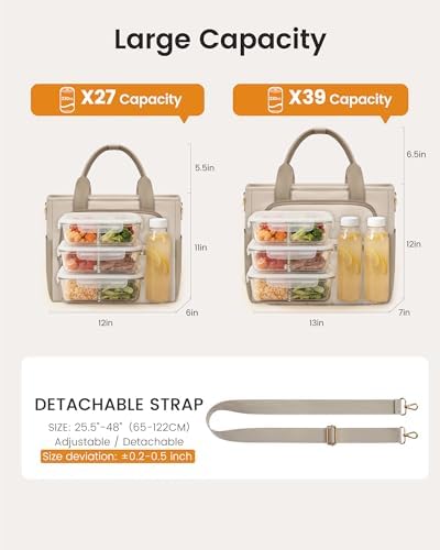 Lunch Box for Women, Puffer Lunch Bag with Wide Opening,13L, Khaki