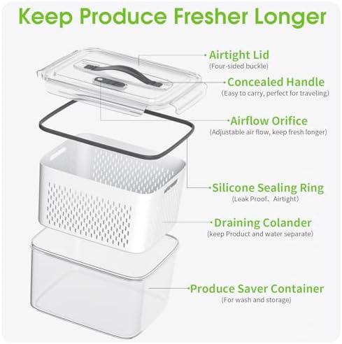 Fruit Storage Containers for Fridge with Colander, Vent, Handle Lids