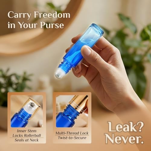 PrettyCare 24 Pack, 10 ml Essential Oil Roller Bottles with Stainless Steel Roller Ball - Refillable Leak-proof Empty Thick Blue& Yellow Glass Roll on Bottles with Golden Caps for Travel, Perfume - Image 5