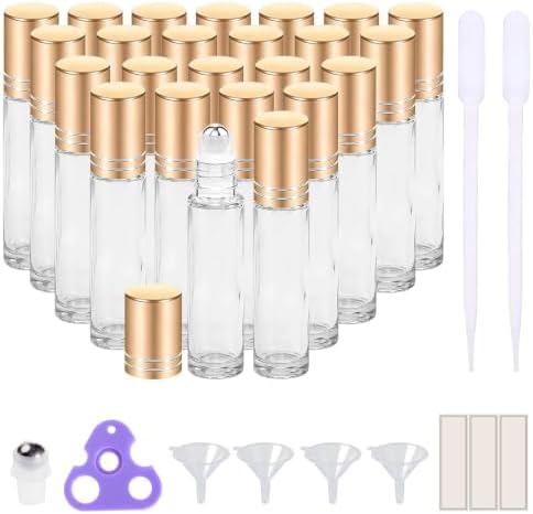 PrettyCare 24 Pack, 10 ml Essential Oil Roller Bottles with Stainless Steel Roller Ball - Refillable Leak-proof Empty Thick Clear Glass Roll on Bottles with Metal Caps for Travel, Perfume by PrettyCare