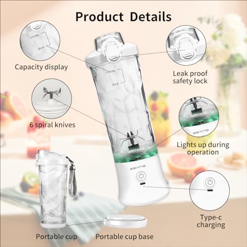 Portable Blender with 20 Oz Travel Cup, 6 Blades, USB Rechargeable for Shakes, Smoothies, Gym, Kitchen and Outdoors (White) - Image 5