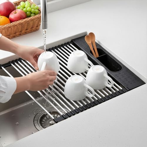 Roll Up Dish Drying Rack Over Sink, 17.5" x 15.2" Foldable SUS304 Stainless Steel Kitchen Dish Drainer, Heat-Resistant Multipurpose Rolling Sink Rack Organizer,Black