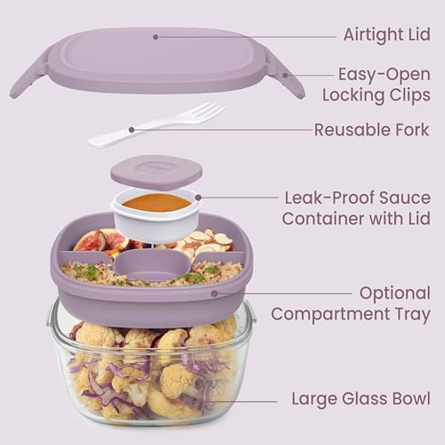 Glass Salad Container with Airtight Lid & Leak-Proof Sauce Cup