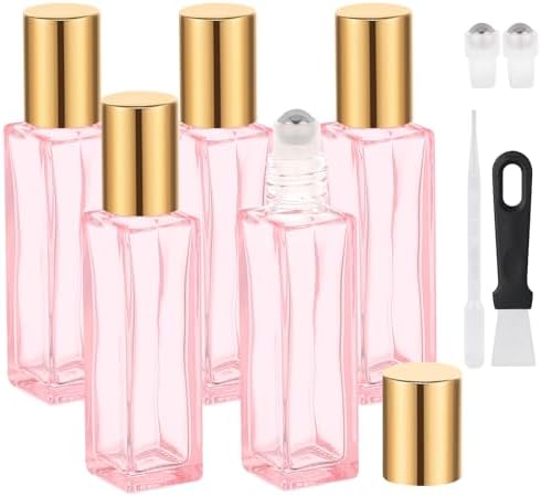 Segbeauty 0.34oz Glass Roller Bottles for Essential Oils, Pack of 5 Pink Roller Ball Applicator Mini, 10ml Small Empty Perfume Aromatherapy Oil Container Bottles with Dispensing Tools for Travel by Segbeauty