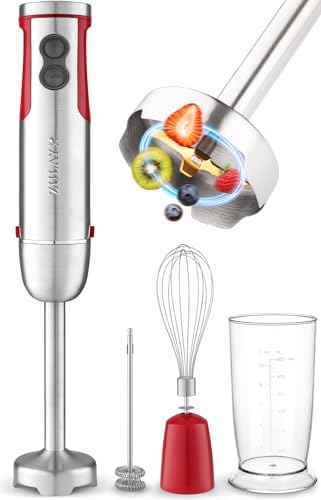4-in-1 Immersion Blender 800W Hand Blender Set with Whisk, Milk Frother & 600ml Cup, 12-Speed Stick Blender with Turbo Mode for Soups, Smoothies, Sauces, Purees & Baby Food (Red)