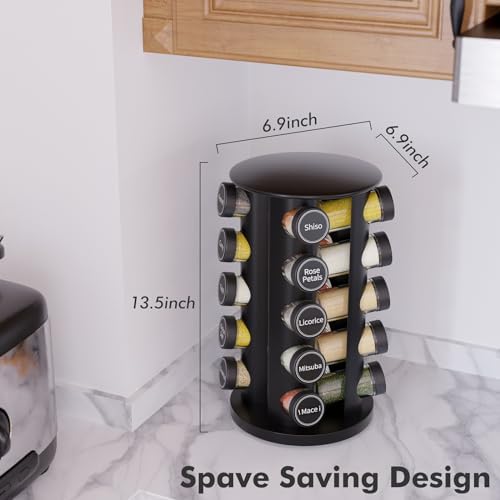 Revolving Spice Rack Set with 20 Spice Jars, Kitchen Spice Tower Organizer for Countertop or Cabinet - Carousel Storage Includes 386 Spice Labels (Black)